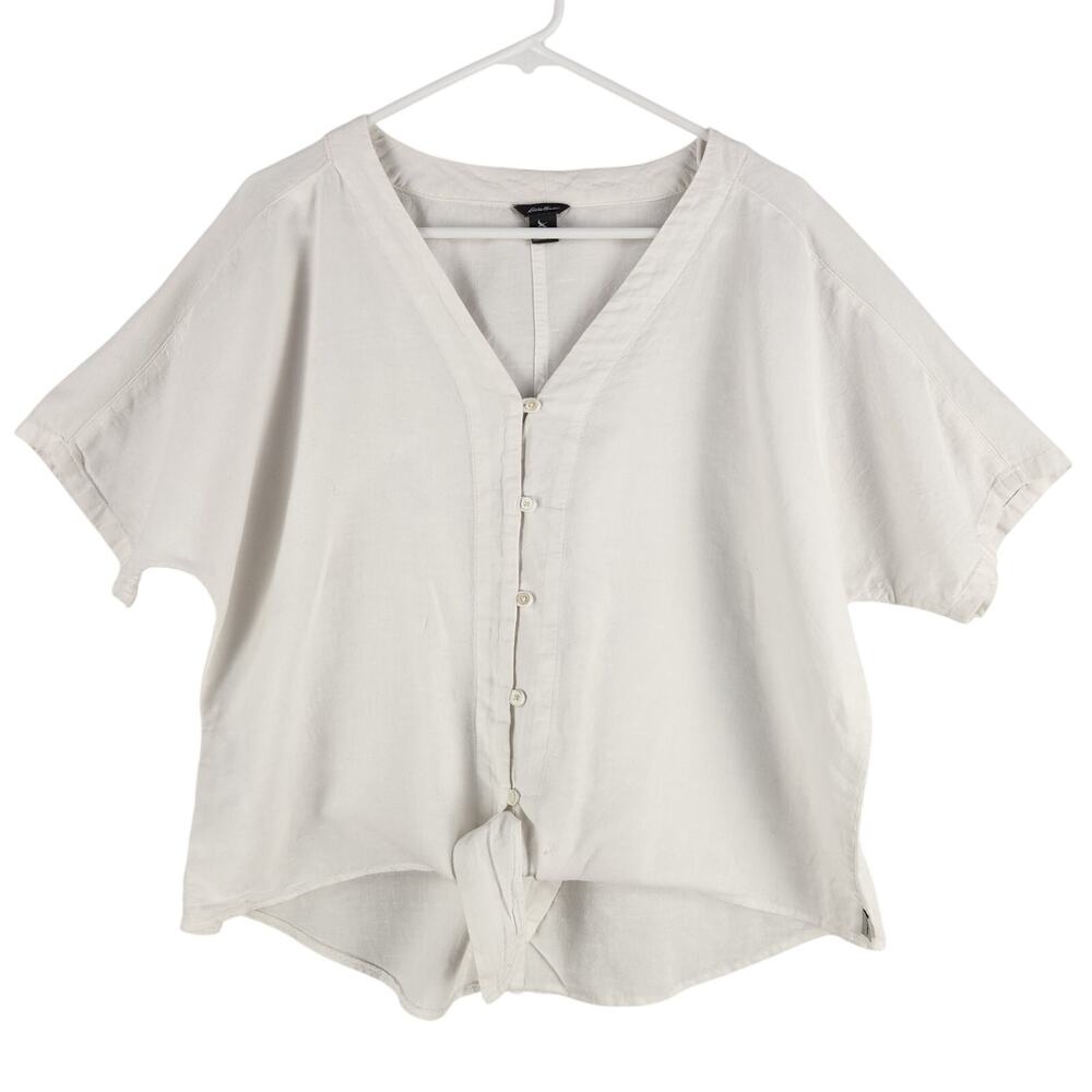 Eddie Bauer White Linen Cotton Tie Front Cropped Top L